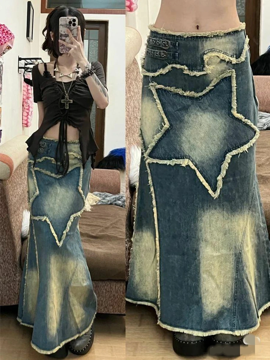 

Женская джинсовая юбка-годе HEZIOWYUN Y2K, длинная юбка в винтажном стиле с высокой талией, рваная Повседневная Уличная одежда