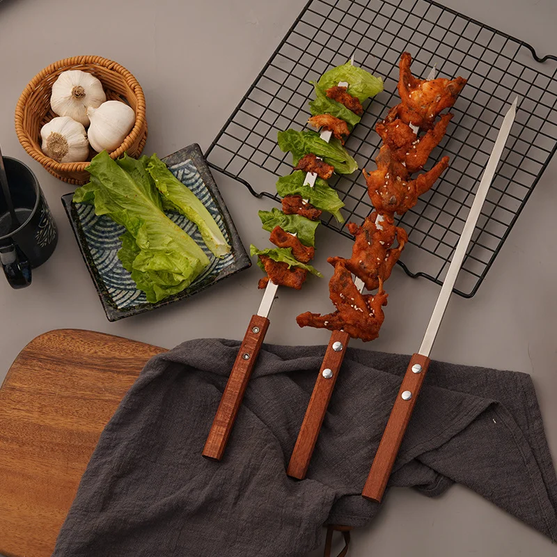 1pcs Stainless Steel BBQ Long Skewers with Wooden Handle for Shish Kebab Turkish Grills Kabobs Grilling Koubideh Brazilian-Style