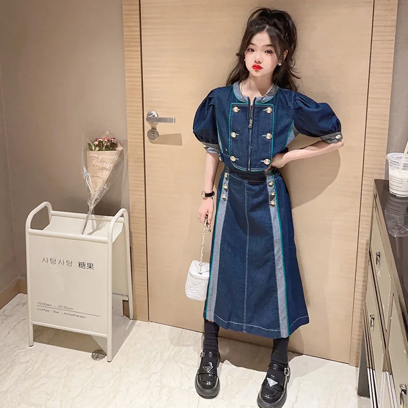 

Casual Outfit for Girl Korean Kid Summer Denim Set Round Neck Button Design Top + Patchwork Skirt 2pcs Children's Clothing 4-14Y