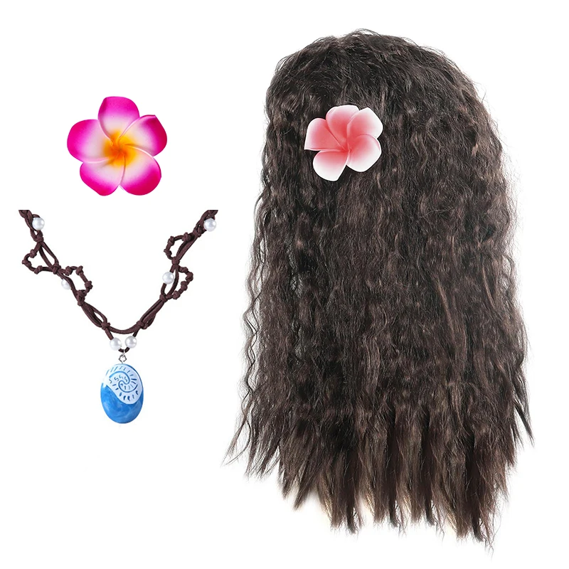 Girls Movie Moana 1&2 Wig Necklace Flower Clip Dress Up Set Vaiana Costume Accessories Moana Pet Pig Cock Xmas Gift cosplay accessories,hair accessories,hair clips,children jewelry set