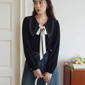 DUSHU 프렌치 배색 분위기 있는 대형 라펠 여성 셔츠, 블랙 V넥 긴팔 풀오버 여성 블라우스, 2023 봄 신상