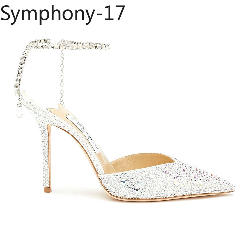 Symphony Pointed high heels rhinestone chain sandals bridal Crystal Women Pumps Sexy Ankle strap wedding Shoes Slingbacks Party