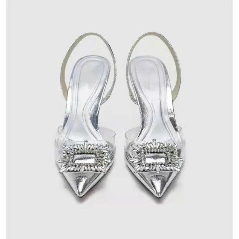 Designer Silver High Heels Sandals Women Summer Crystal Square Buckle Sandals Woman Pointed Toe Slingbacks Party Shoe