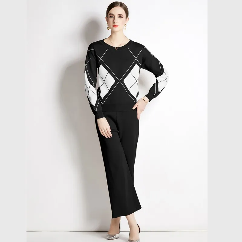 

High quality Autumn Winter 2 Pieces Set Knitted Long Sleeve Pullovers Sweater Tops and Wide Leg Pants Fashion Casual Suit