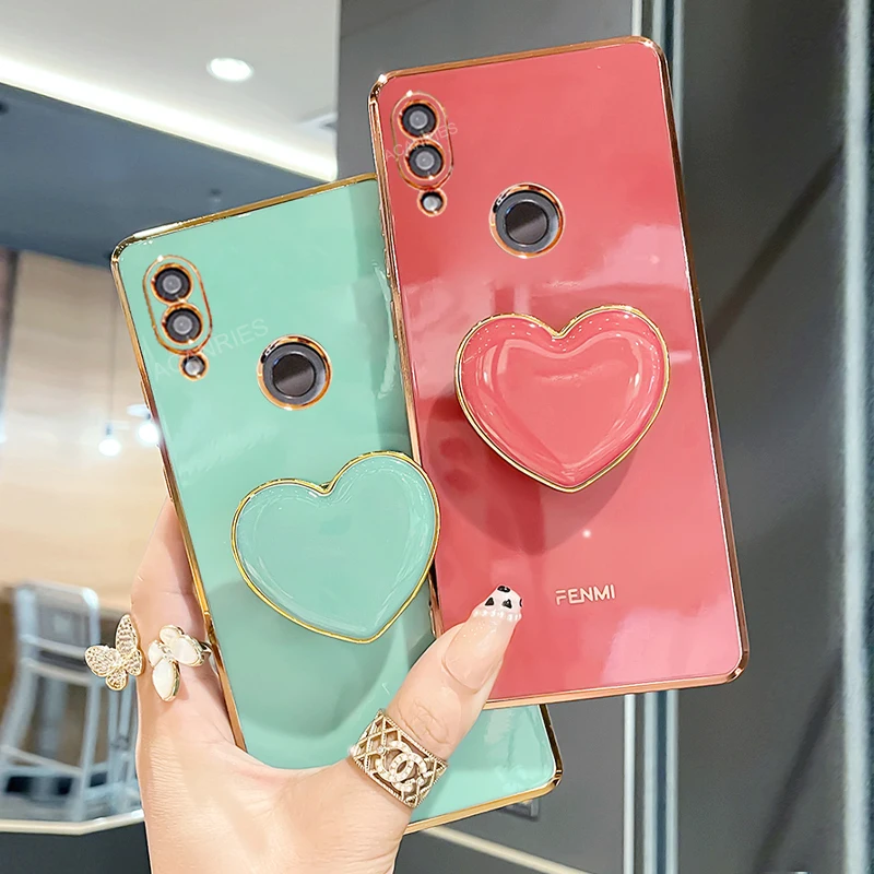Luxury Plating Love Heart Phone Holder Case - Soft Silicone Stand Cover