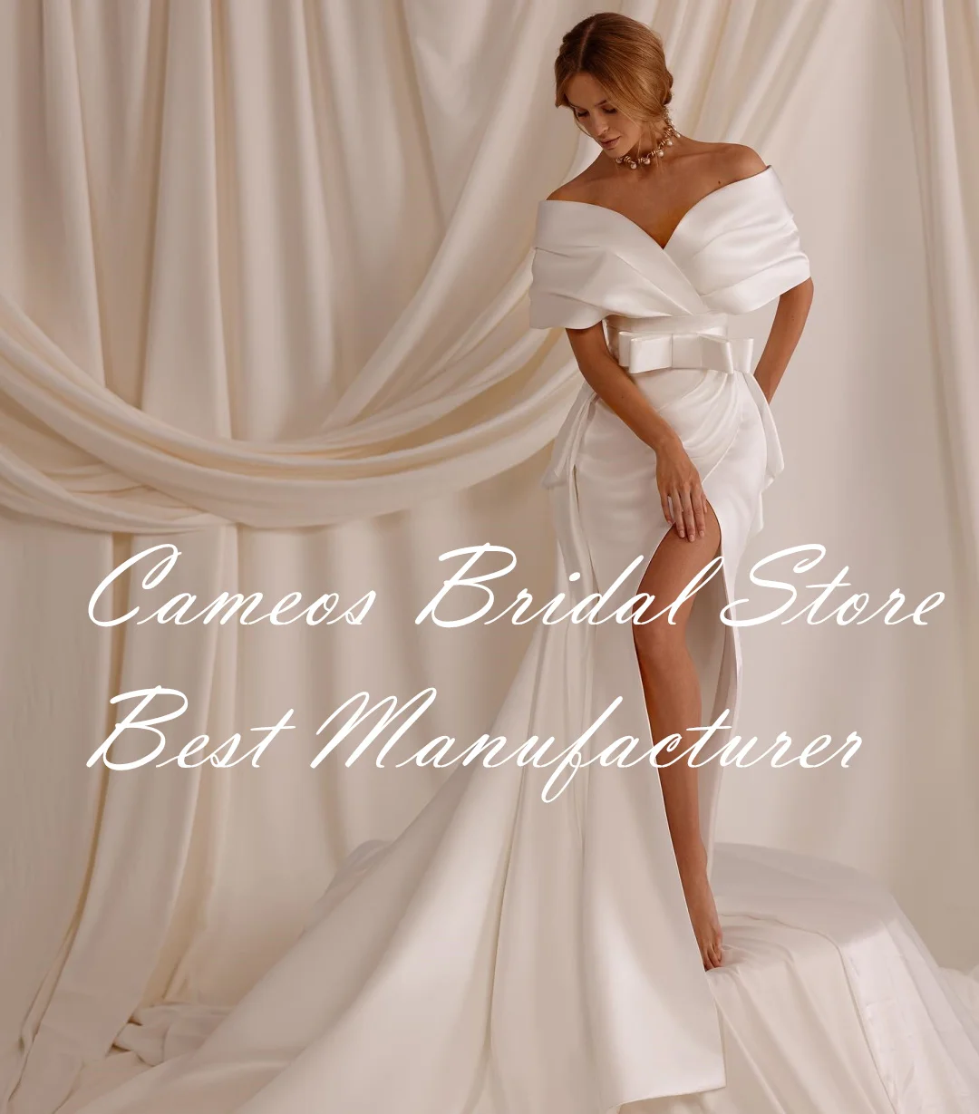 

SONDR Off-Shoulder Custom Made High Split Ivory Satin Wedding Dresses Short Sleeves 웨딩드레스 Brides Gowns for Women Bridal Dresses