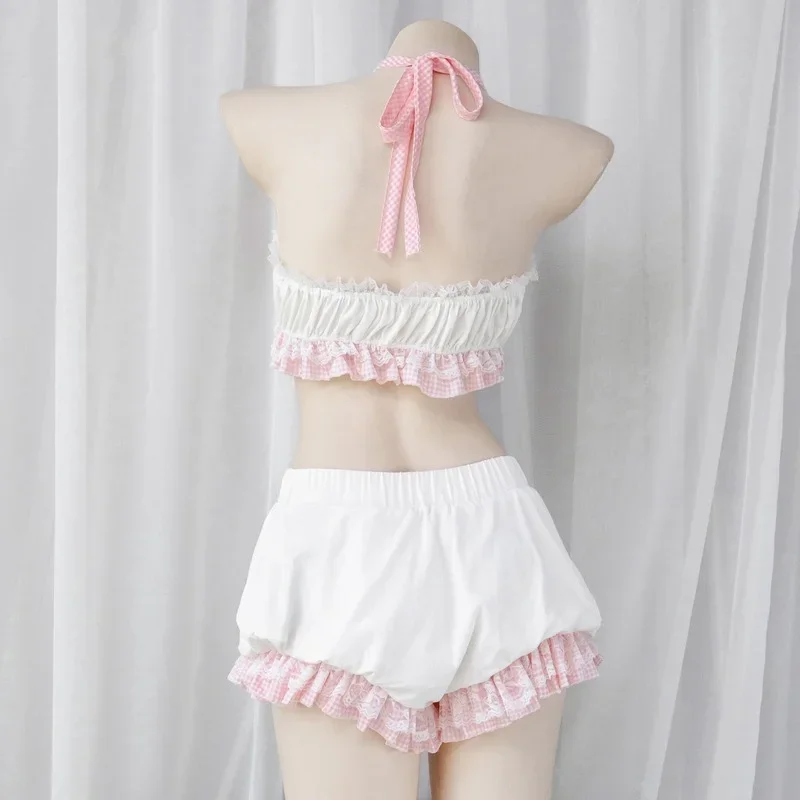 Lolita Cute Girl Ruffles Women Kawaii Maid Outfit Sweet Sexy Sleepwear Servant Cosplay Costumes Bow Lace Tops and Bloomers Set lolita cosplay costumes