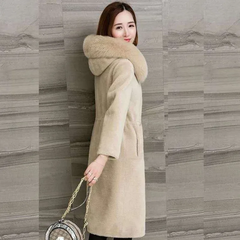 Winter New 2023 Women Faux Fox Fur Collar Fur Coat Mid-Length Lamb Wool Hooded Outwear Female Fashion Thicken Warm Casual Parkas
