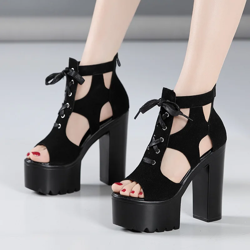 

15cm Chunky Platform Shoes 2023 Summer Bandage Block High Heels Gladiator Sandals Ladies for Model Dress Party shoes