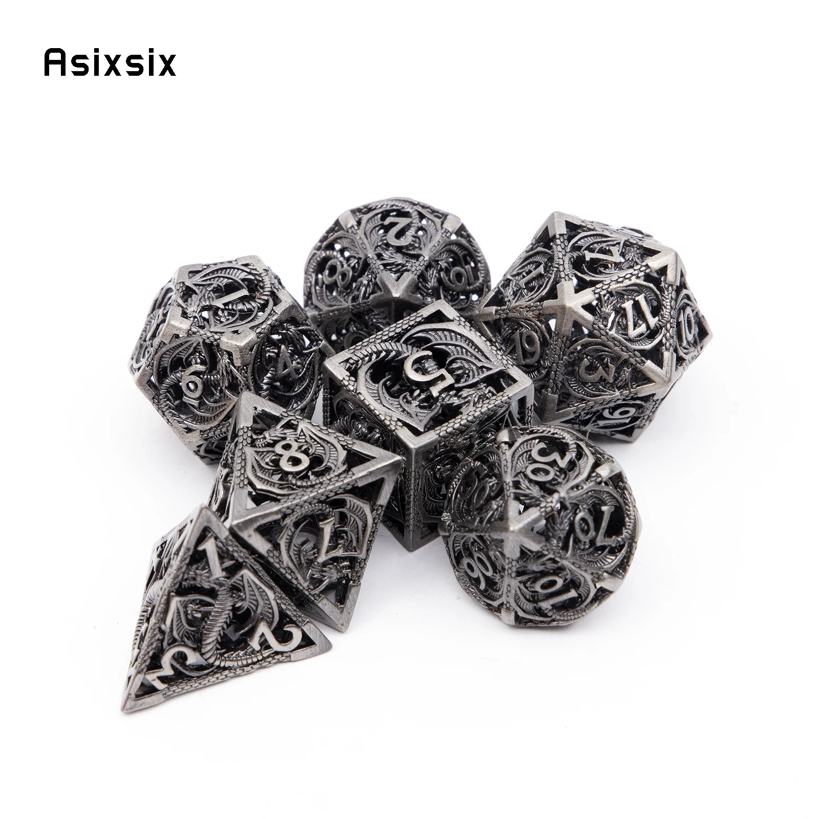 

7 Pcs Black Dragon Metal Dice Dragon Hollow Metal Polyhedral Dice Set Suitable for Role-Playing RPG Board Game Card Game