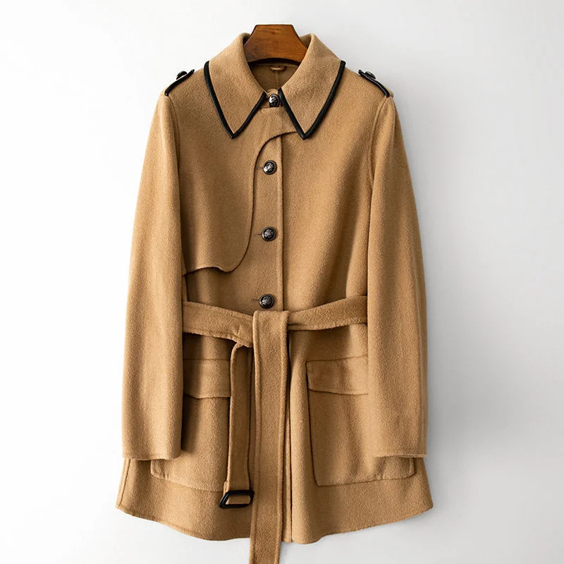 Sheep Wool 2023 Spring and Autumn New Double-Sided Woolen Coat Temperament Fashion in The Long Women's Coat Solid Color Commute