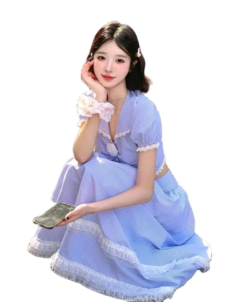 Korea Blue Striped Sweet Two Piece Set Women Lace France Elegant Long Skirts Suit Female Puff Sleev Blouse + Party Skirt Summer