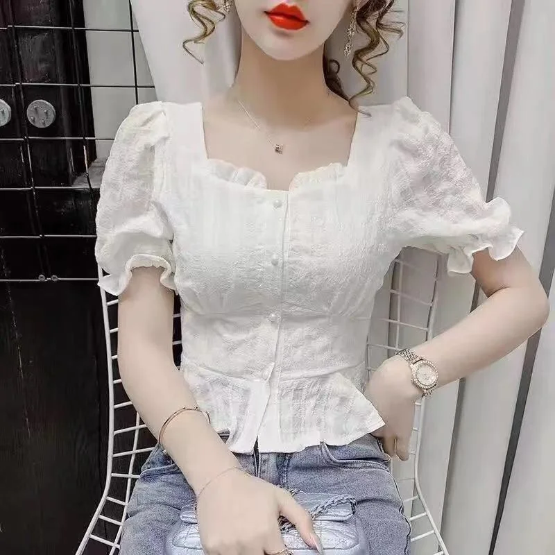 Top for Woman Frill Button Up Women's Shirts and Blouses Chiffon Clothing with Puffy Sleeves Ruffle White Offer Free Shipping M