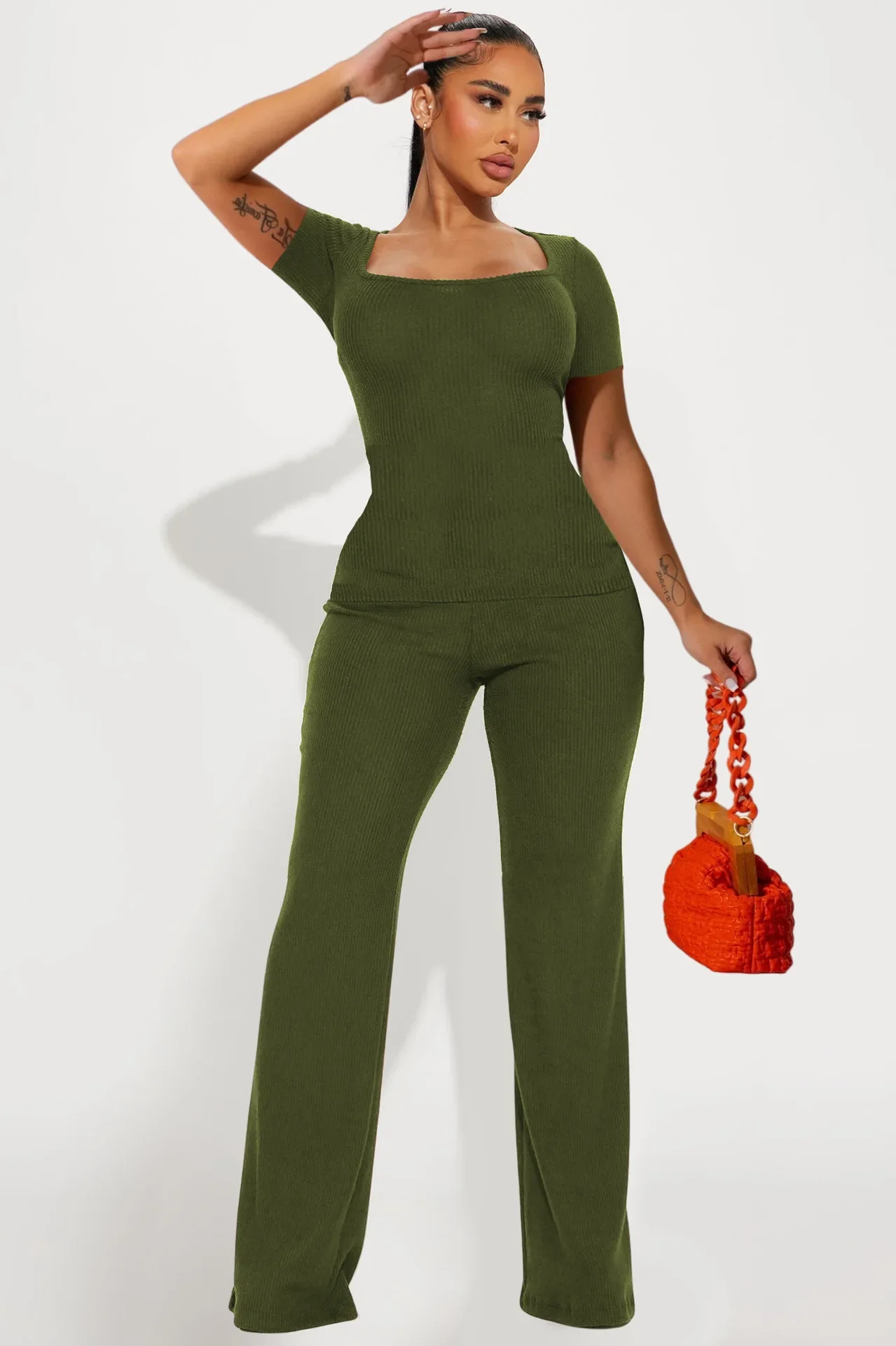 

2024 Summer Casual Solid Color Skinny Workout Square Neck Short Sleeve Top and Straight Trousers Tracksuit Women Two Piece Set