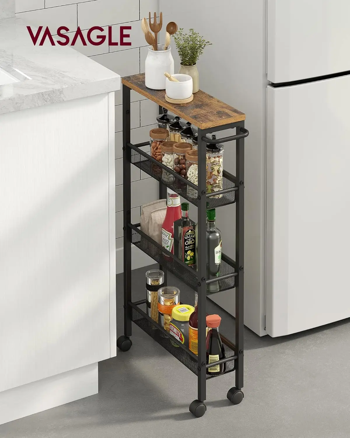 VASAGLE 4-level trolley narrow kitchen trolley niche rack on castors steel handle