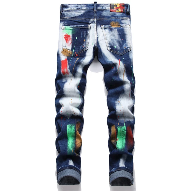 Korean style clothing paint slim fit hole blue jeans streetwear denim pants  man printed ripped trouers for teenager - AliExpress