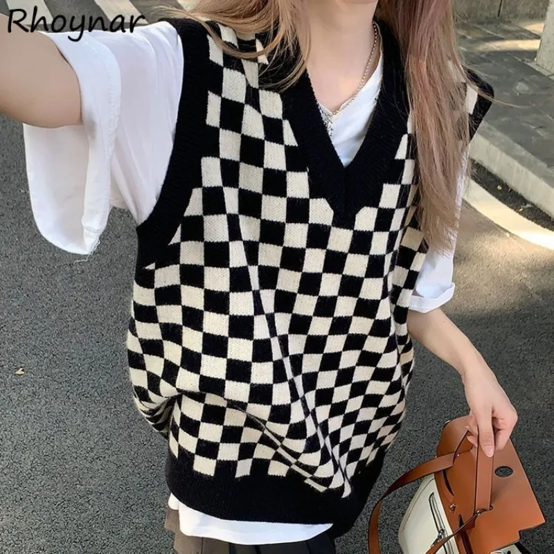 

Preppy Style Baggy Sweater Vests Women Plaid 4 Colors Vintage Cozy V-neck Gentle All-match Boyfriend Couple Classic Harajuku Y2k