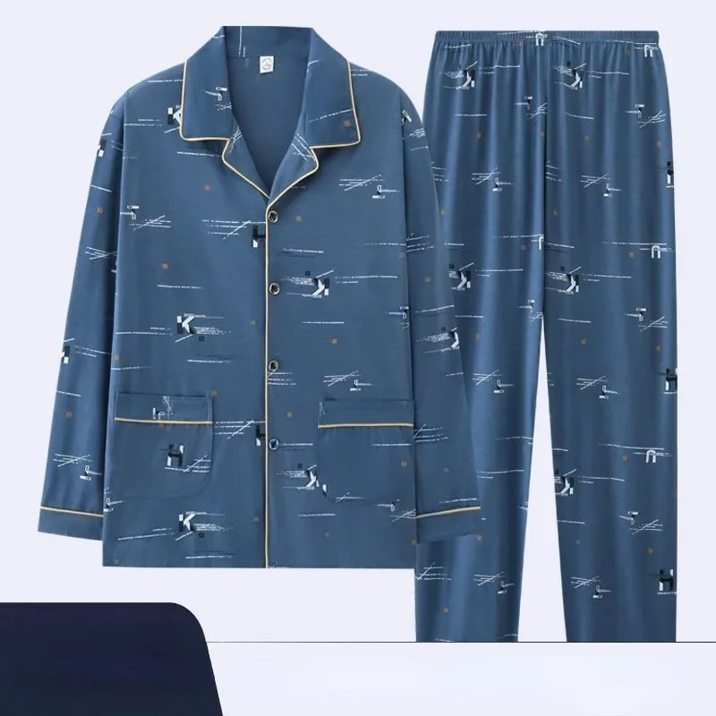 

2024 new 100% Cotton Pajamas Men Spring Autumn Long-sleeved Loungewear Cotton Plus Size Fatty Youth Homewear Cardigan Suit