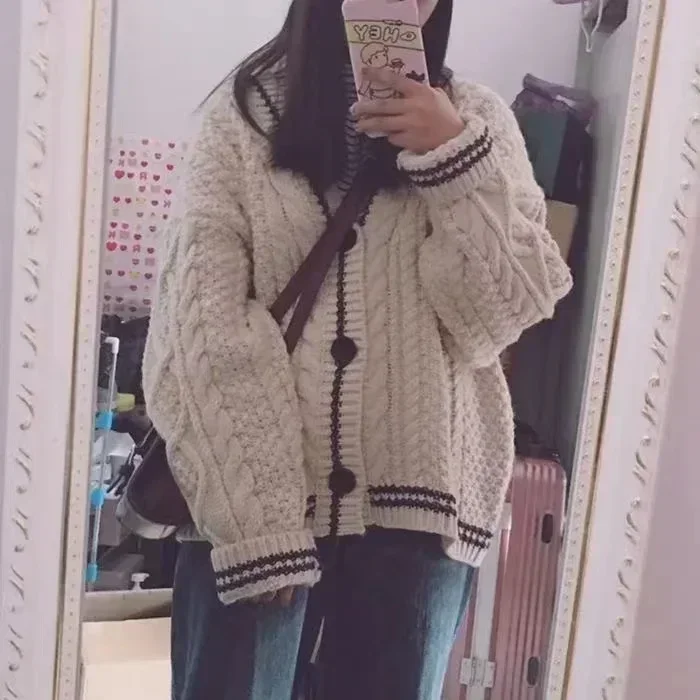 여성용 베이지 스타 귀여운 대학 싱글 브레스트 스웨터, 한국 여성 스웨터, 대비 색상, V넥 니트 가디건, 2022 가을