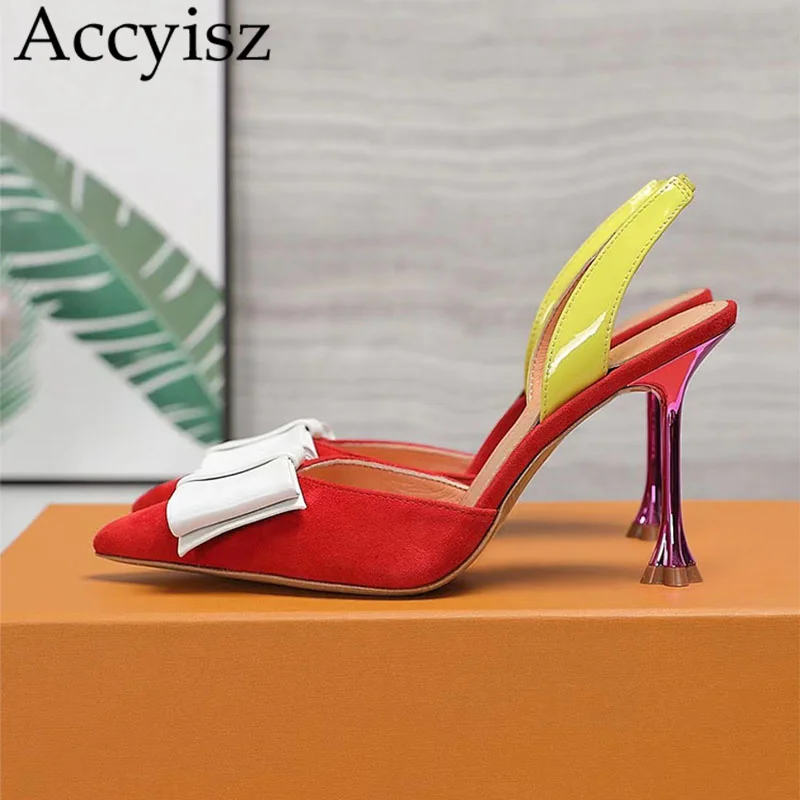 

Summer Bowknot Thin High Heel Sandals Women Suede Pointed Toe Shallow Mouth Back Strap Single Shoes Sexy Wedding Banquet Pumps