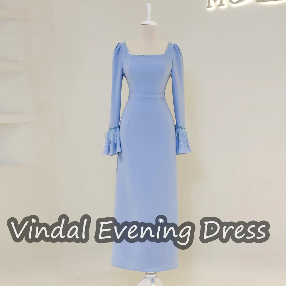 

Vindal Ruffle Square Necklin Tea Length A-line Evening Dress Crepe Elegant Built-in Bra Saudi Arabia Long Sleeves For Woman 2024