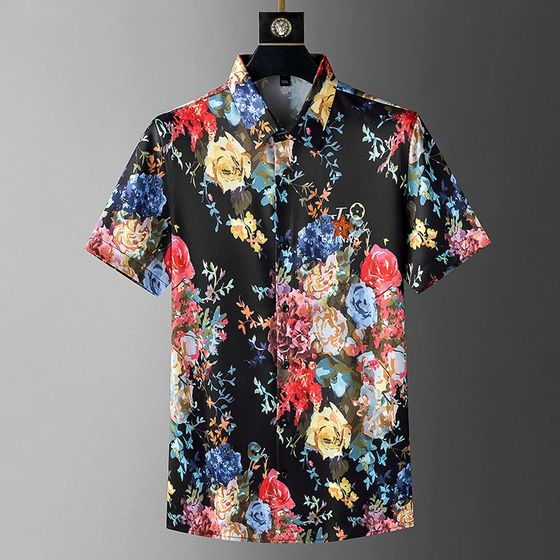 

Flower Beach Holiday Handsome Shirts Summer Short Sleeve Casual Slim Fit Shirts Men Social Party Streetwear Men Clothing M-5xl