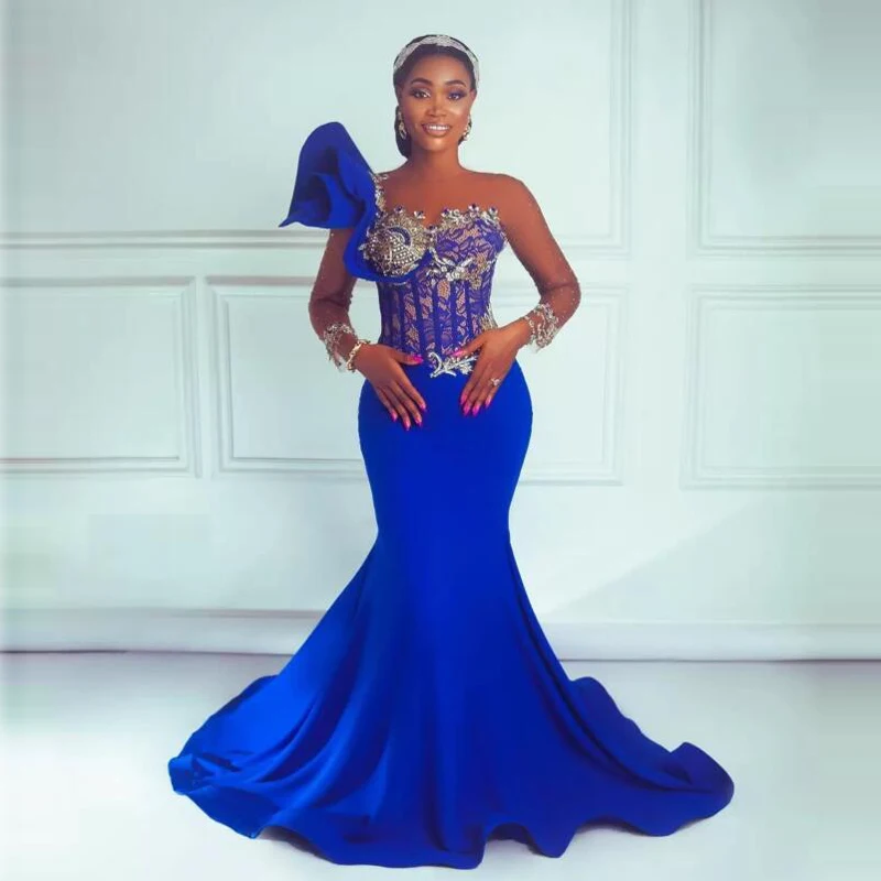 

Royal Blue Round Neck Sequin Crystal Long Sleeve Cocktail Ball Dress Tight Corset Perspective Mermaid Tail Formal Evening Dress