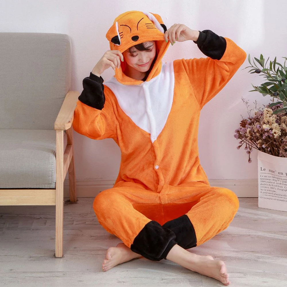Unisex Adult Flannel Onesie Women and Men Cartoon Halloween Costume Fox Animal Plush One Piece Pajamas Warm Cosplay Jumpsuits