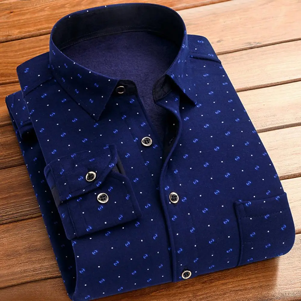 

Men Fleece Thermal Shirts Stylish Mid-aged Father's Plaid Cardigan Thick Plush Business Style Men's Shirt For Fall/winter