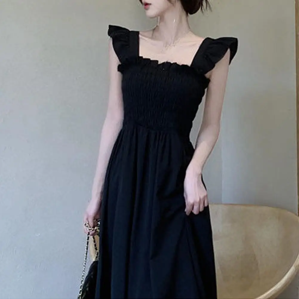 

Elastic Bust Dress Elegant Square Neck Midi Dress with Ruffle Sleeves Pleated A-line Hem Women's Summer Fashion for High Waist