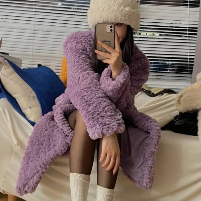 2023 Winter New Wome Faux Fur Coat Imitate Rabbit Fur Mid-Length Thickened Outwear Fashion Casual Solid Color Lamb Wool Parkas wome