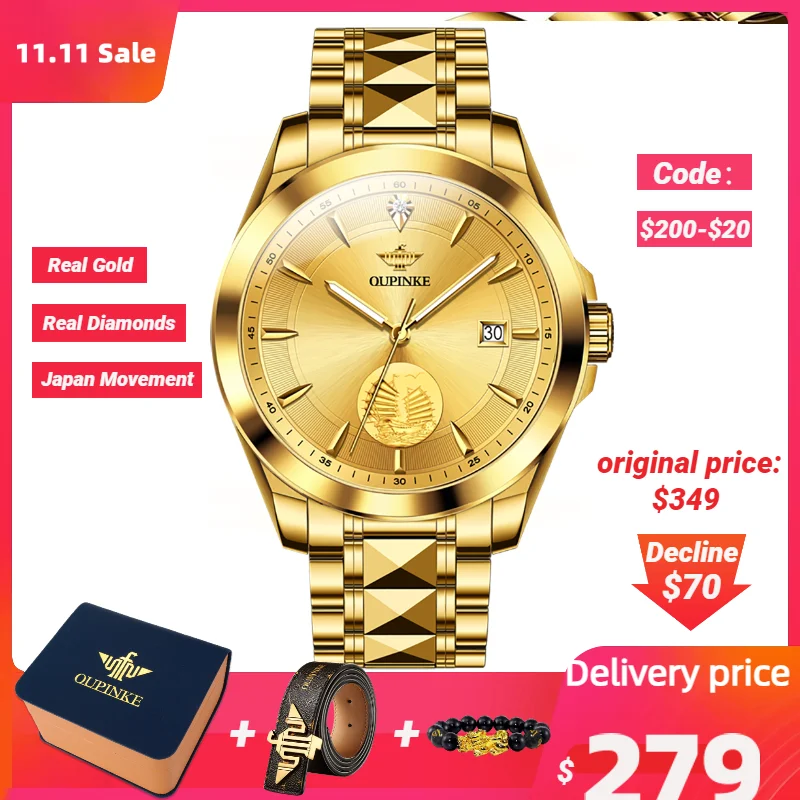 

Real Gold Real Diamonds Swiss Certification OUPINKE Automatic Watch for Men Japan Movement Sapphire Crystal Mirror Wristwatch