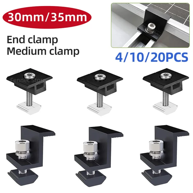 Pince de fixation de montage de panneau solaire, support réglable, extrémité et pince centrale, Clip de panneau PV pour panneau solaire, système PV, accessoires d'installation 1