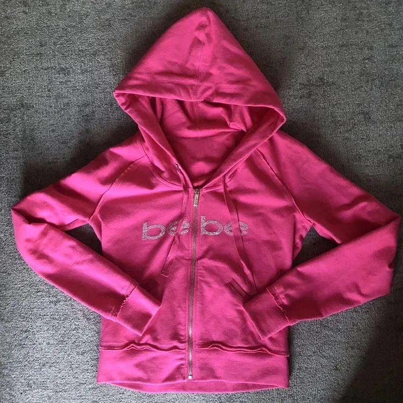 Y2K Rhinestone Letter Zip Up Hoodies Women Autumn Goth Zip Long Sleeve Short Jacket Coats Harajuku Hip Hop Hooded Sweatshirt Top