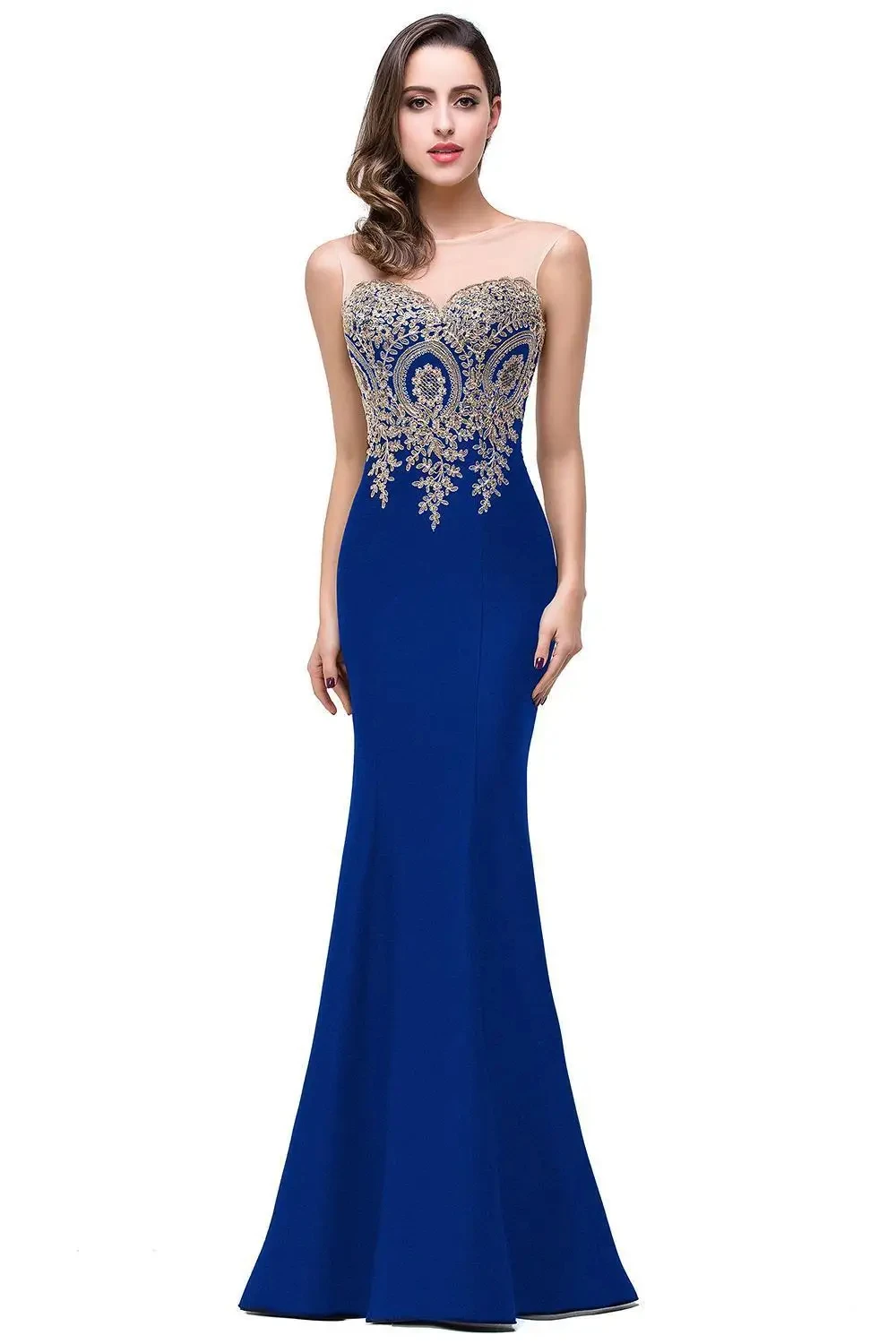 Vestido de noche de sirena elegante para mujer, apliques dorados de encaje, vestido de fiesta de boda y graduación, ilusión de Corazón Azul Real