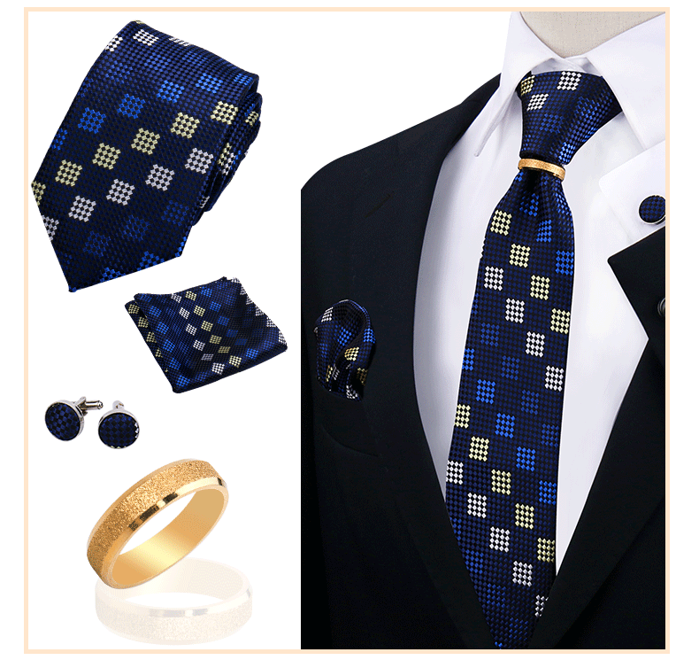Männer Krawatten mit Ring Brosche Pin Set Marke Designer Paisley Plaid Krawatte Taschentuch Manschettenknöpfe Hochzeit Party Geschenk Männer Zubehör – Detail 5