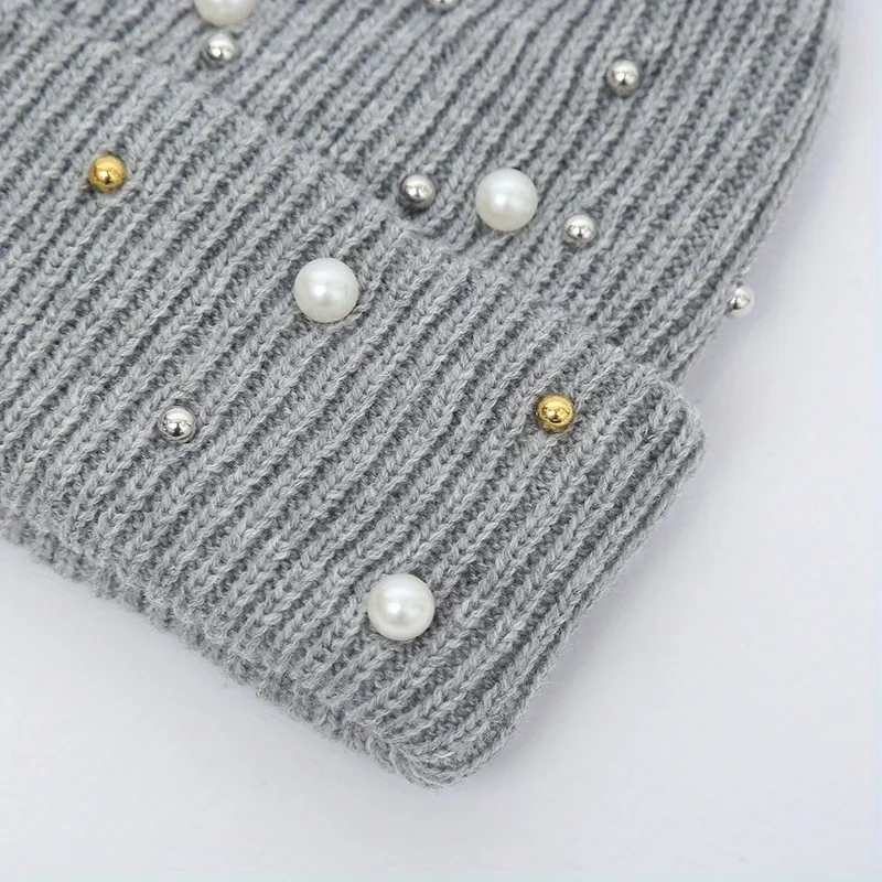 Solid Color Curled Edge Brimless Cap Pearl Decoration Shining Knitted Hat Fashuonable and Ersatile Outdoor Cold Proof Warm Hat 5