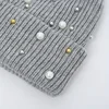 Solid Color Curled Edge Brimless Cap Pearl Decoration Shining Knitted Hat Fashuonable and Ersatile Outdoor Cold Proof Warm Hat 5