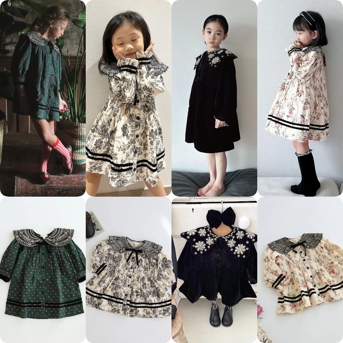 

BD2023 Autumn/Winter Children's Girls Embroidery Turn-down Collar Puffed Sleeve Lapel Dress