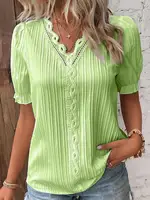 Elegant Women Blouse Shirt V Neck Lace Patchwork Short Sleeve Shirts For Women Summer Lady Tops 1