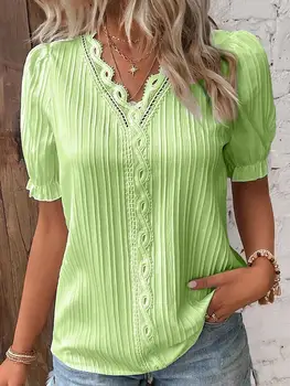 Elegant Women Blouse Shirt V Neck Lace Patchwork Short Sleeve Shirts For Women Summer Lady Tops 1