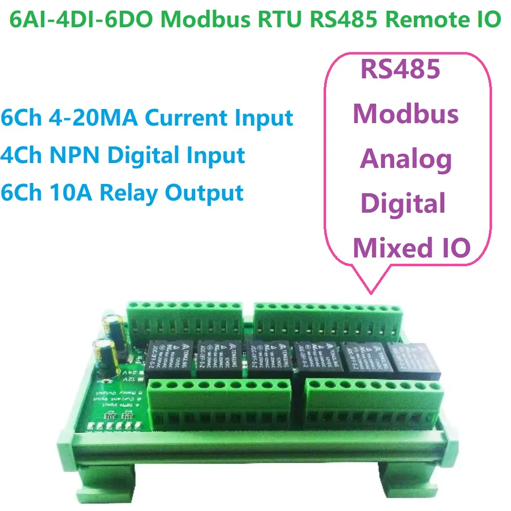 6CH 4-20MA AI & 4CH NPN DI & 6CH 10A Relay DO Multipurpose Modbus RS485 ...