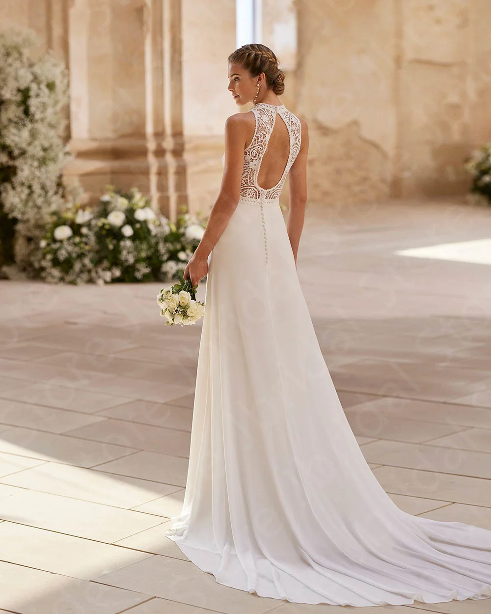 Customized Charming Wedding Dresses White Bridal Gowns Lace High Neck Bride Dresses Sleeveless Wedding Gowns Back Out On Sale