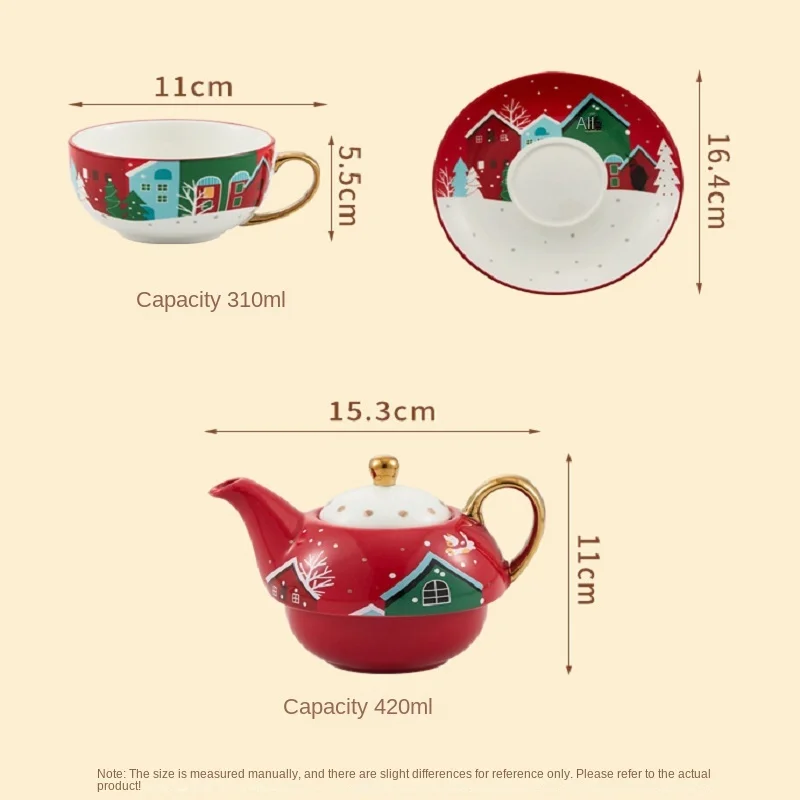 Christmas Pattern Ceramic Tea Set Gold Plated Craft Ceramic Portable Tea Set Personal Teapot Cup and Saucer Surprise Gift
