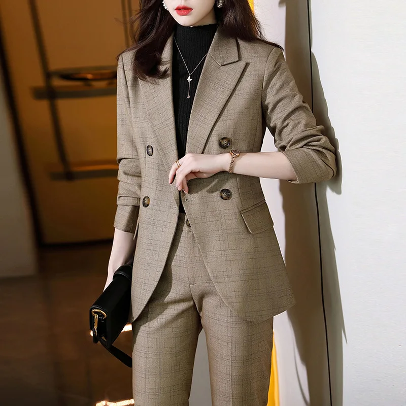 Tesco Women's Suit 2 Piece Plaid Blazer Pants Autumn Winter Sets Elegant Senior Jacket Suit For Female Clothing blazer mujer