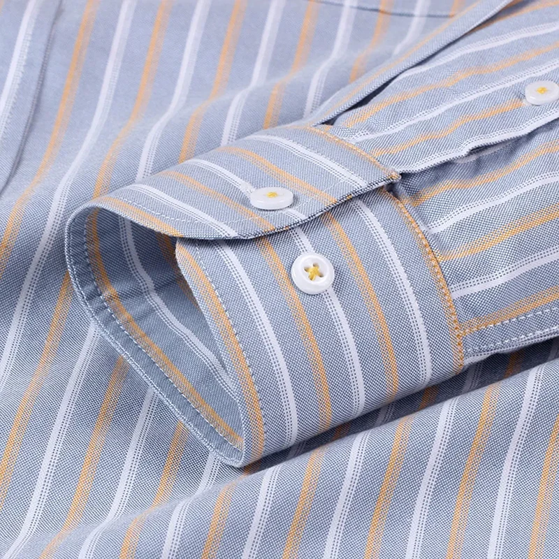 High Quality Men's Casual Plaid Oxford Shirt Long Sleeve Comfortable Pure Cotton Button-down Regular-Fit Striped Social Shirts
