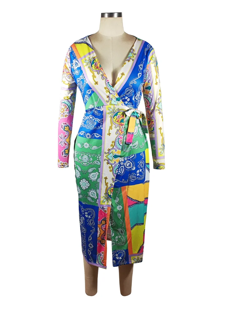 Wmstar Women Dress Fashion New Elegant Pattern Printed Waist V Neck Long Sleeve Knee Length Comfortable Pleated Holiday Dresses