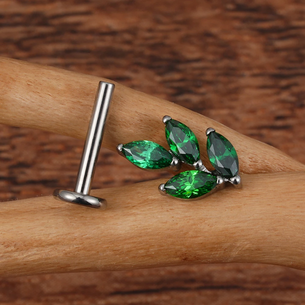 Ear Piercing Earring Right Grand ASTM F136 Titanium 16G Marquise CZ Leaf Shaped Cartilage Helix Conch Lobe Flat Back