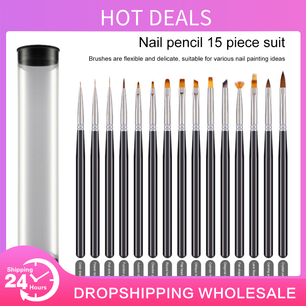 1/5/15pcs Set Professional Nail Art Brush Flat Crystal Painting Drawing Carving Pen UV Gel Brush Phototherapy Pen Manicure Tool