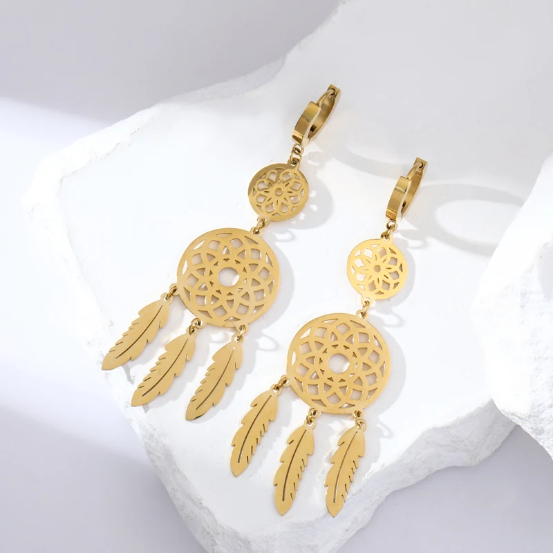 EILIECK 316L Stainless Steel Feather Dream Catcher Dangle Earrings For Women 2024 New Fashion Ear Drop Waterproof Jewelry Gift 3